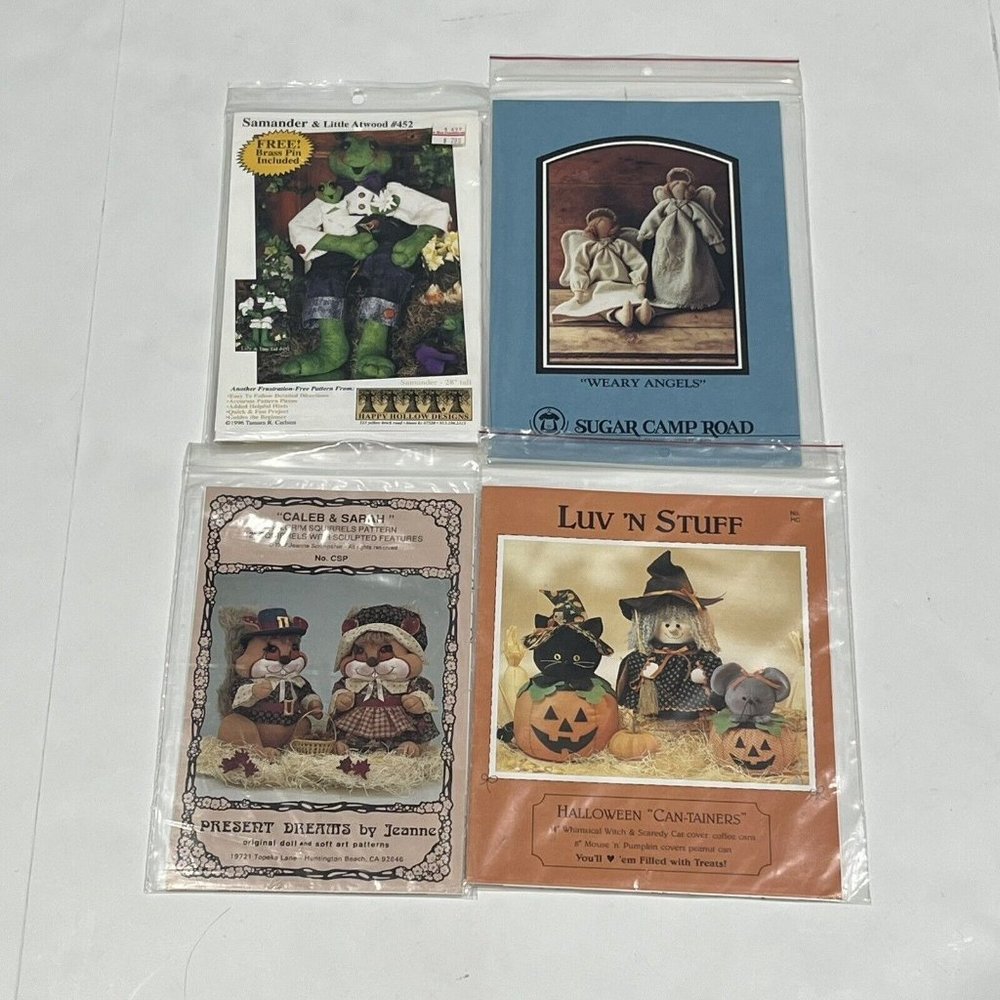 Four Holiday Animal Angel Cloth Doll Patterns Uncut Frog Squirrel Halloween Cat - Picture 1 of 16